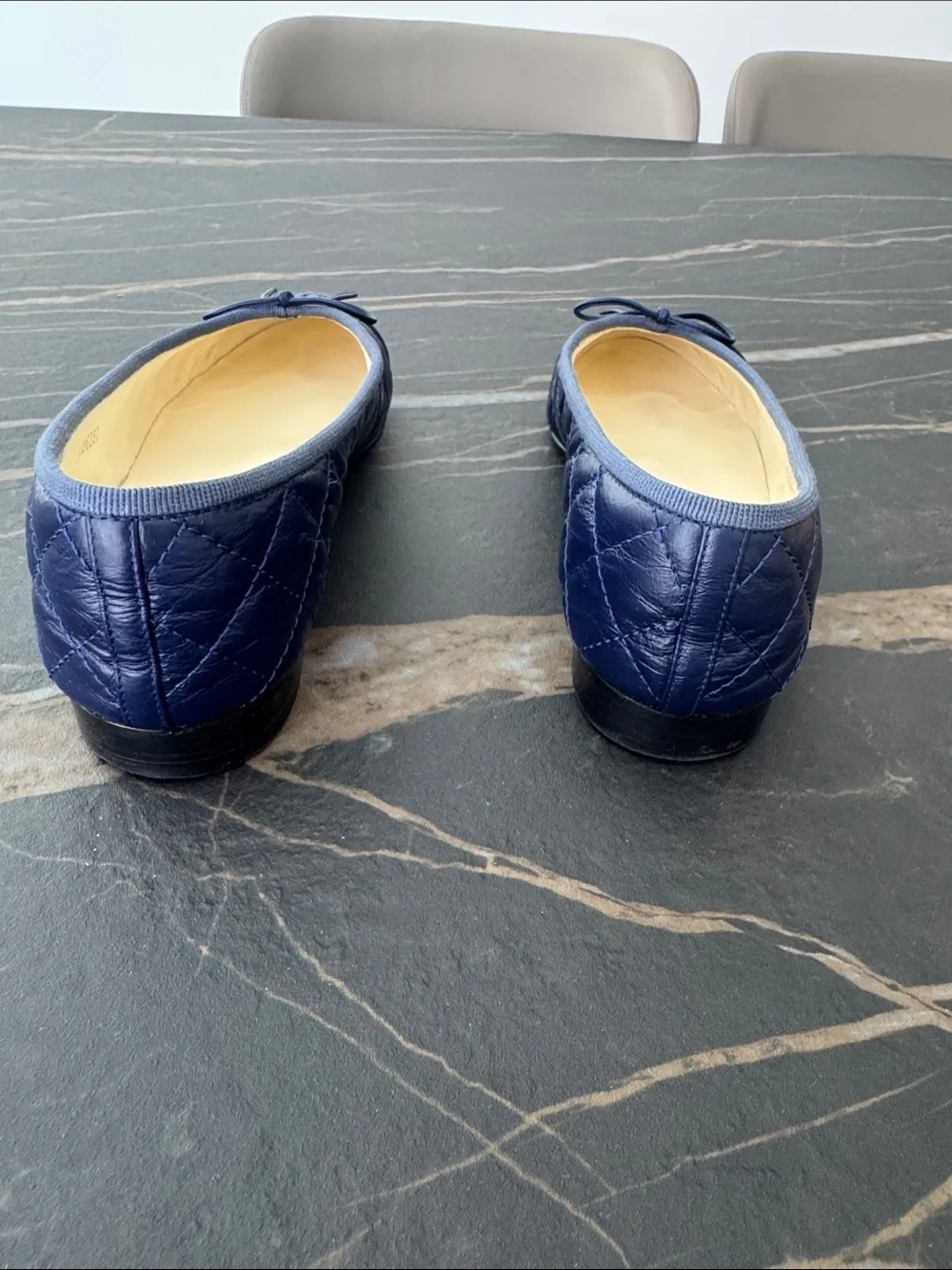 CHANEL Navy Quilted CC Bow Ballet Flats